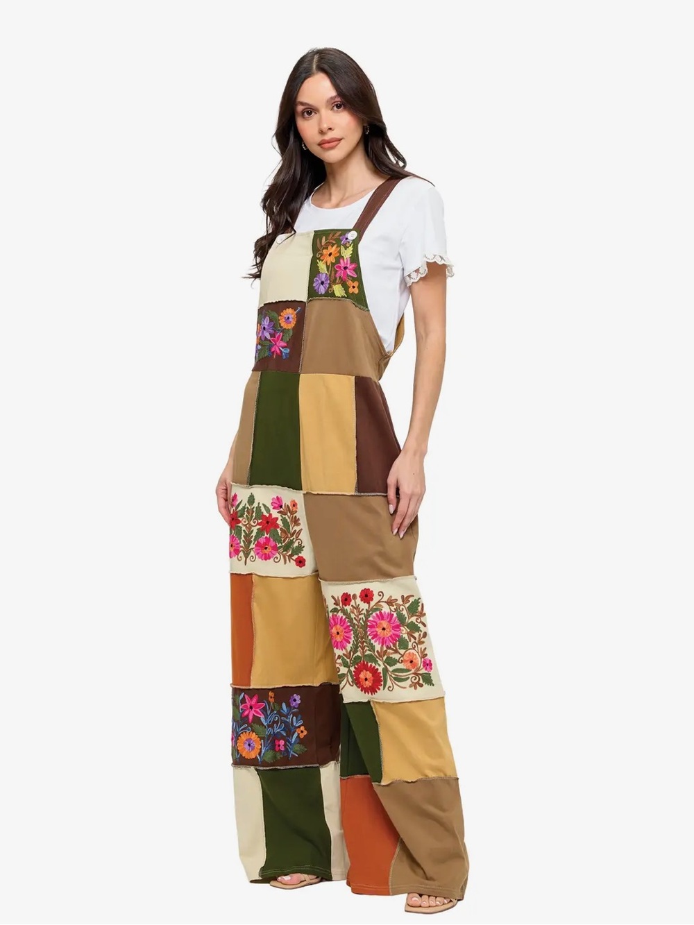 Yak & Yeti Boho Multi-Colored Floral Embroidered Patchwork Wide-Leg Overalls